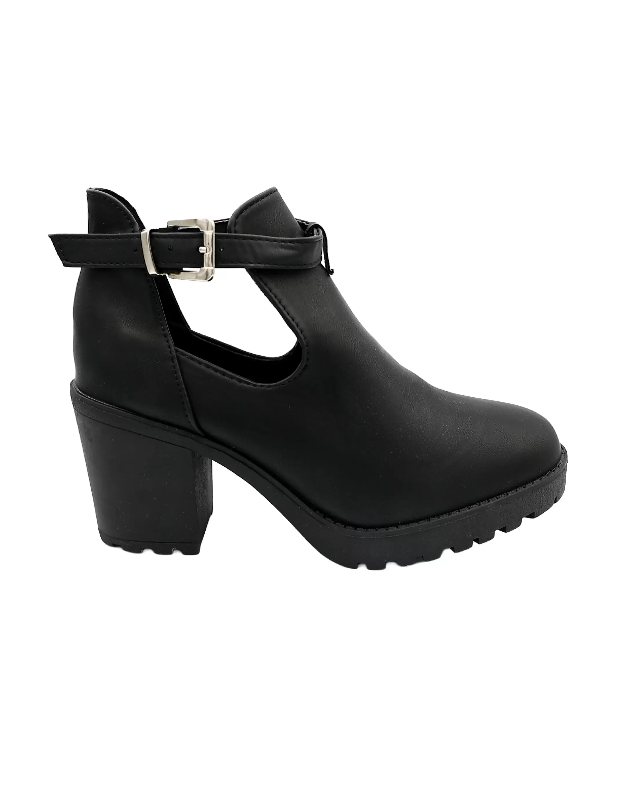Black Ankle Buckle Cut Out Block Heel Boot