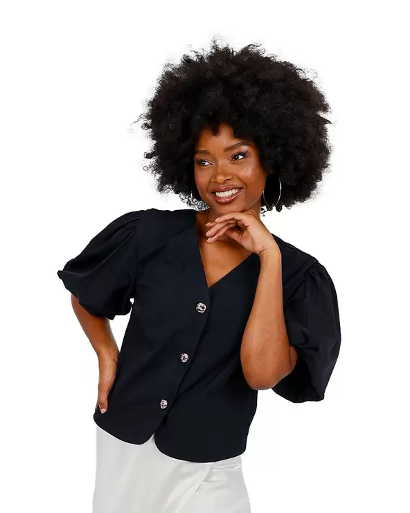 Short Puff Sleeve Gold Button Black Blouse
