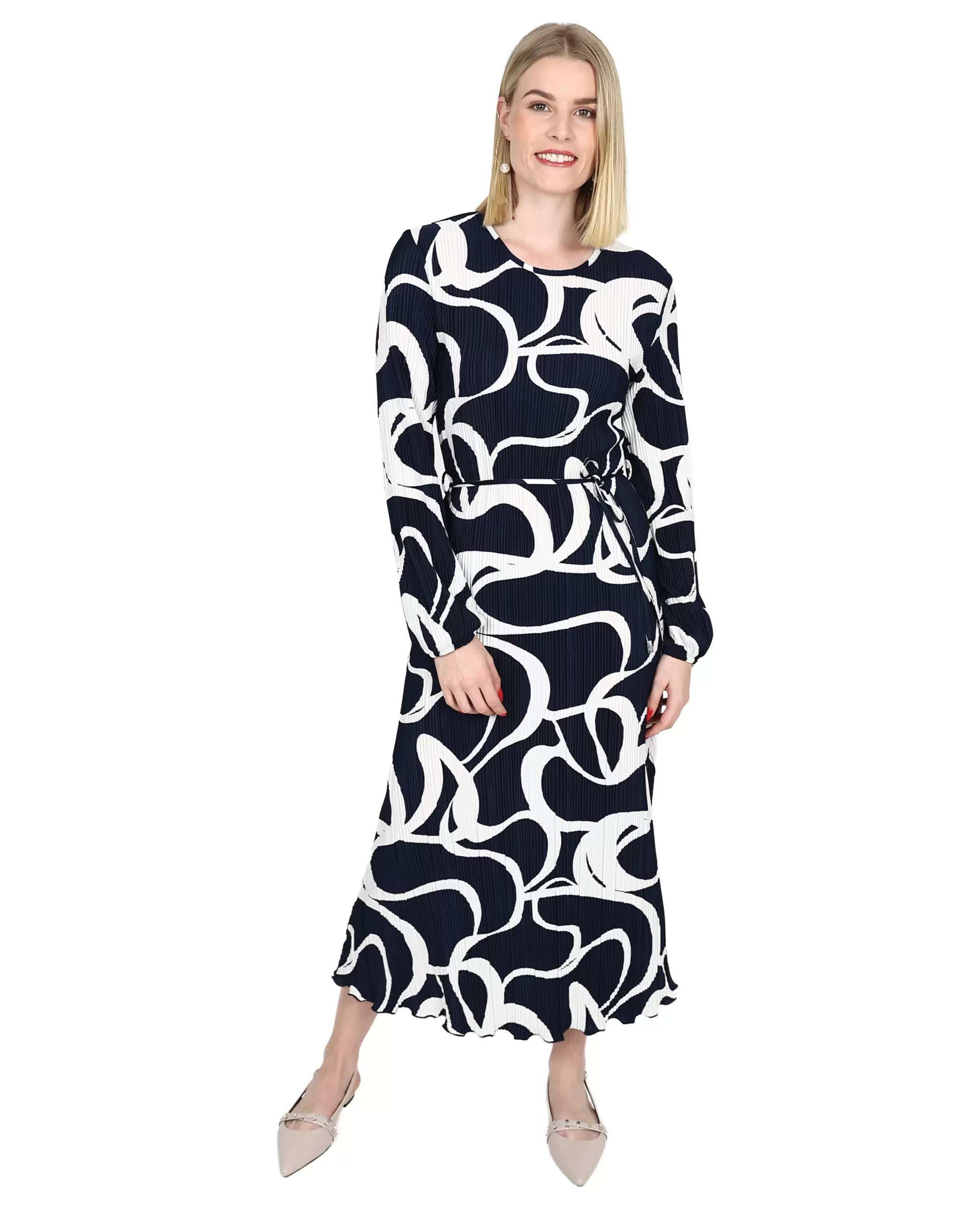 Long Sleeve Plissé Swirl Print Midi Dress