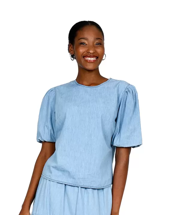Denim Short Puff Sleeve Blouse