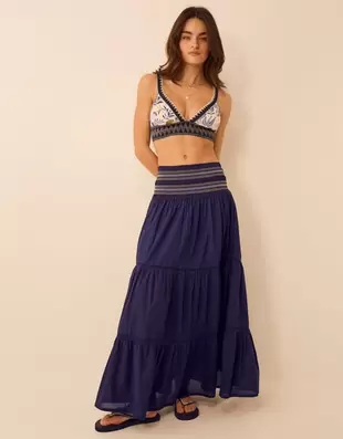 Smocked Tiered Maxi Skirt Blue