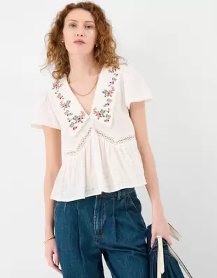 Floral Embroidered Collar Blouse Ivory