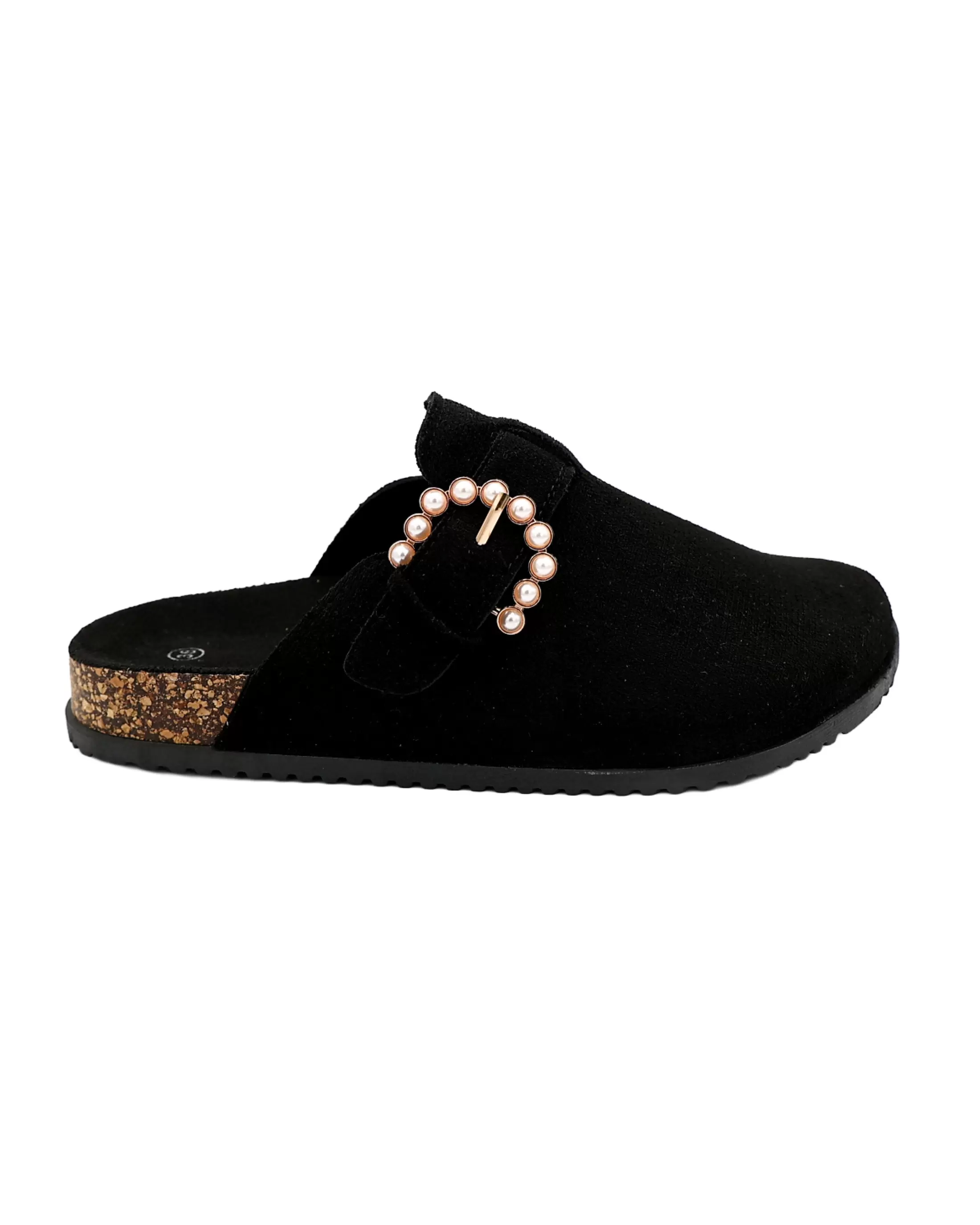 Black Suede-Look Pearl Buckle Closed Mules