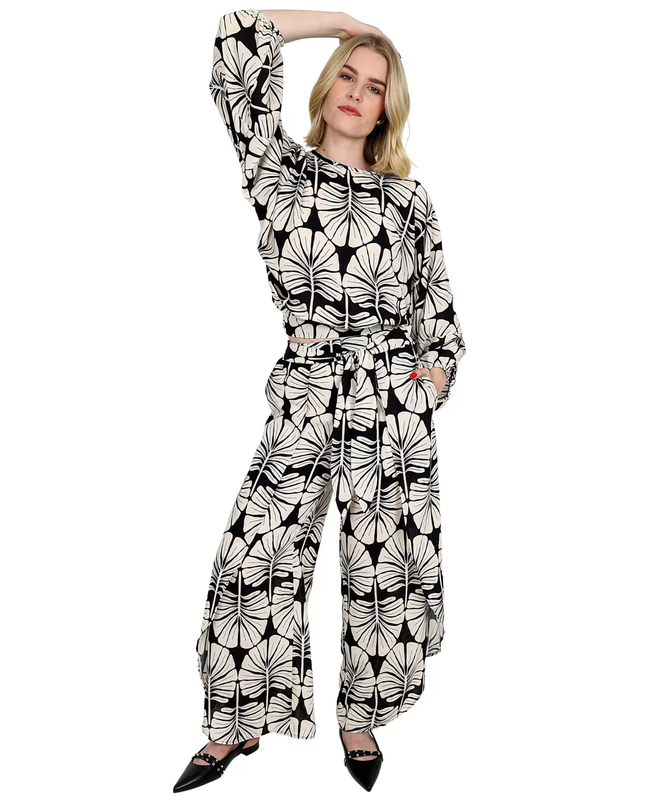 Linen Look Leaf Print Flared Pants