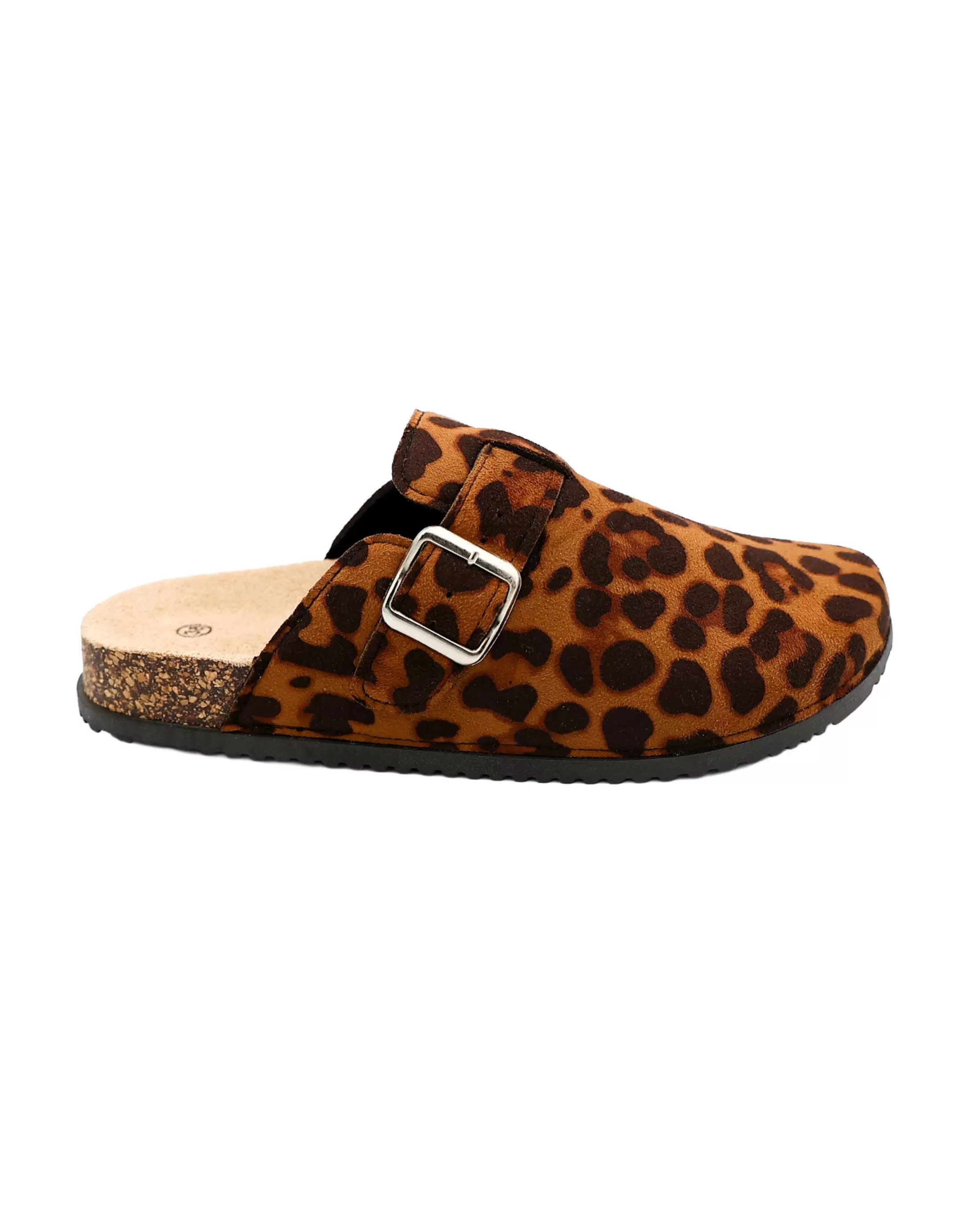 Tan Suede-Look Leopard Print Buckle Closed Toe Mules