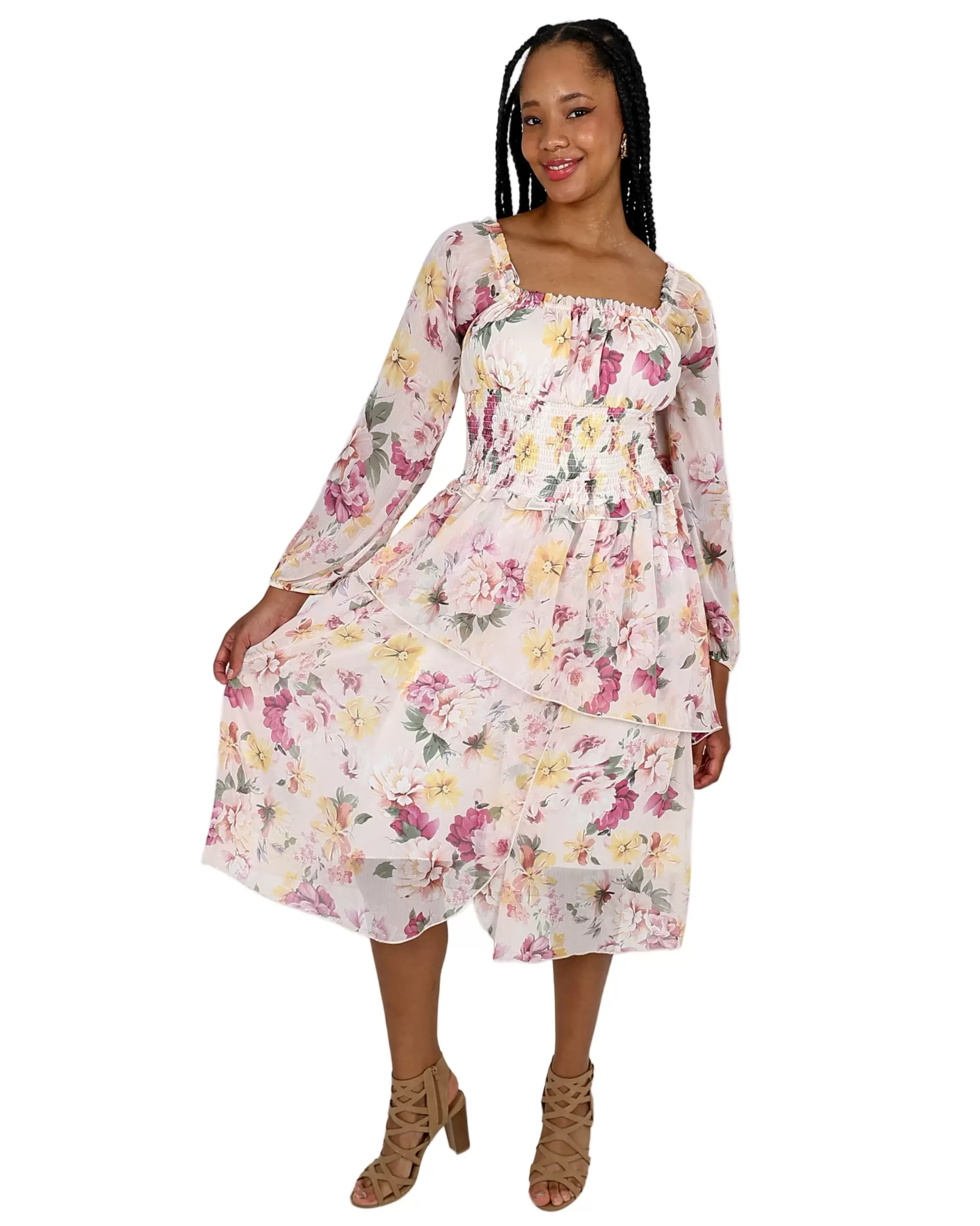 Long Sleeve Ruffle Floral Midi Dress