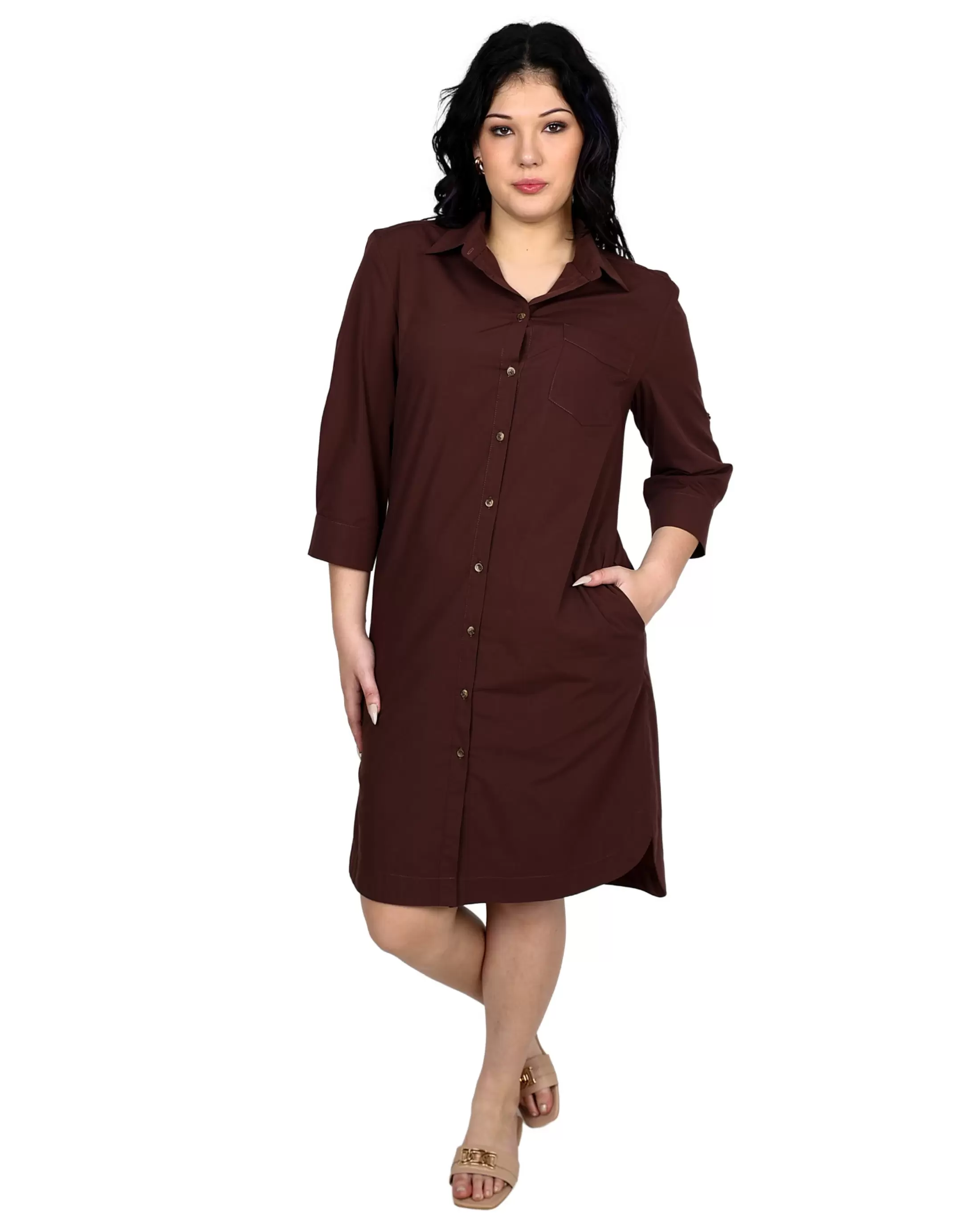 3/4 Sleeve Button Through Chocolate Shirt Dress