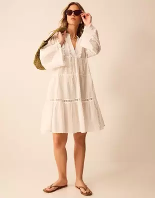 Flute Sleeve Shimmer Tiered Mini Dress Ivory