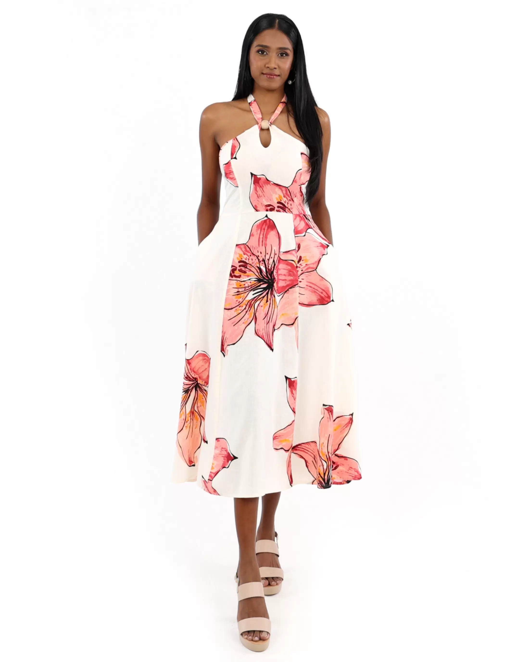 Amira Floral Cotton Halterneck Midi Dress