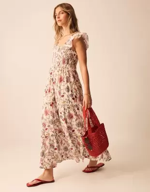 Floral Print Tiered Maxi Dress Ivory