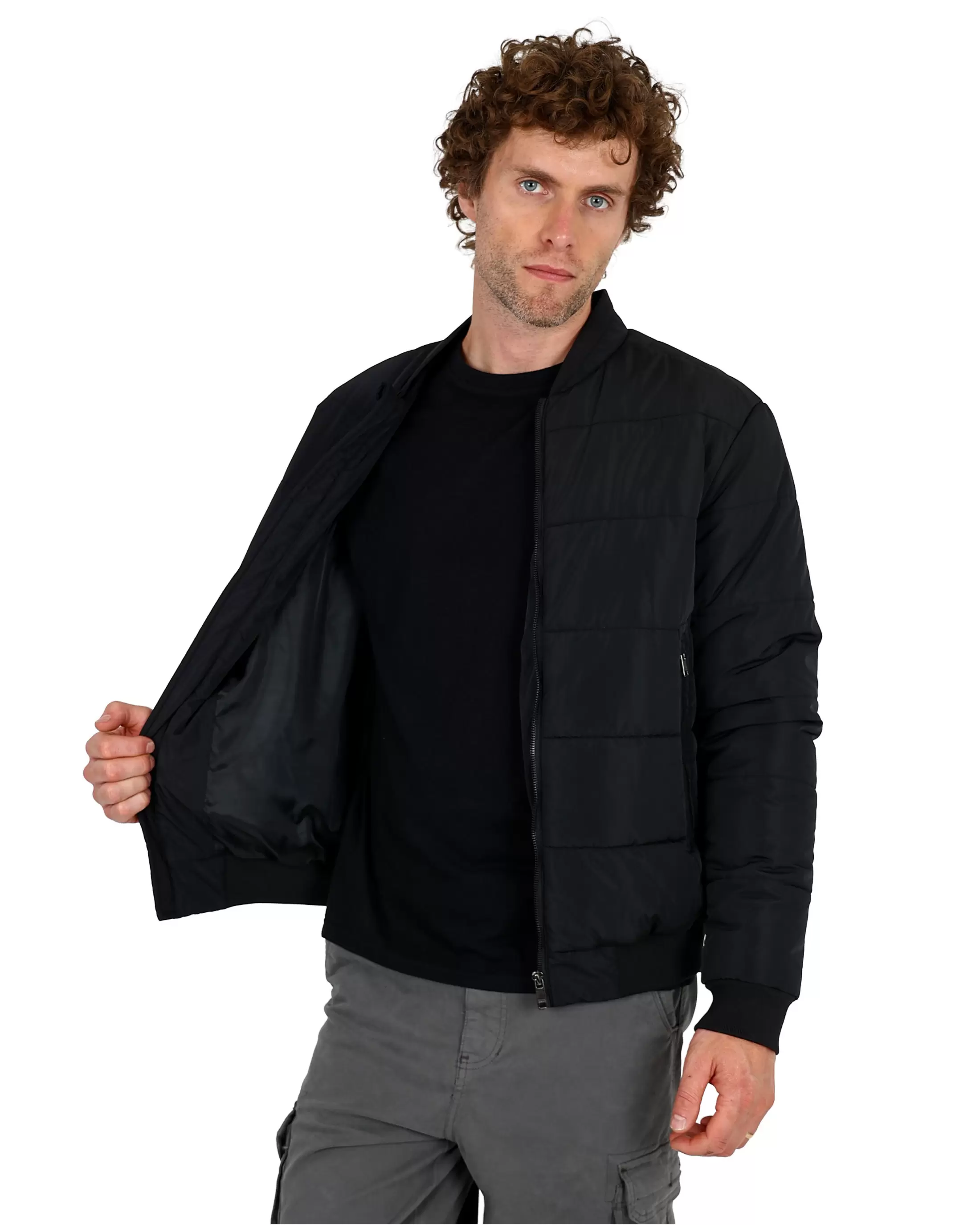 Black Linear Quilted Bomber Jacket