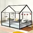 Double Floor Bed for Twins,Twin Size House Bed for 2 Kids,Two Shared Beds,Twin House Platform Beds,Metal Floor Bed Frame with Rails for Girls,Boys(Black)