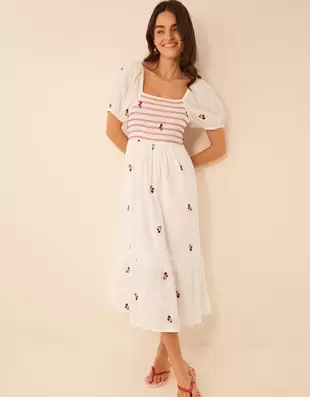 Puff Sleeve Cherry Embroidered Midi Dress White