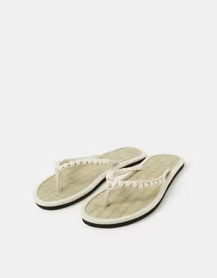 Heart Bead Seagrass Flip Flops White