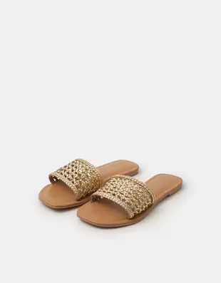 Woven Metallic Leather Slide Sandals Gold