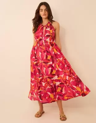 Halter Neck Floral Print Midi Dress Multi