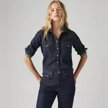 Levi's® Women's Linen Blend Iconic Western Shirt - Dark Indigo - Flat Finish
