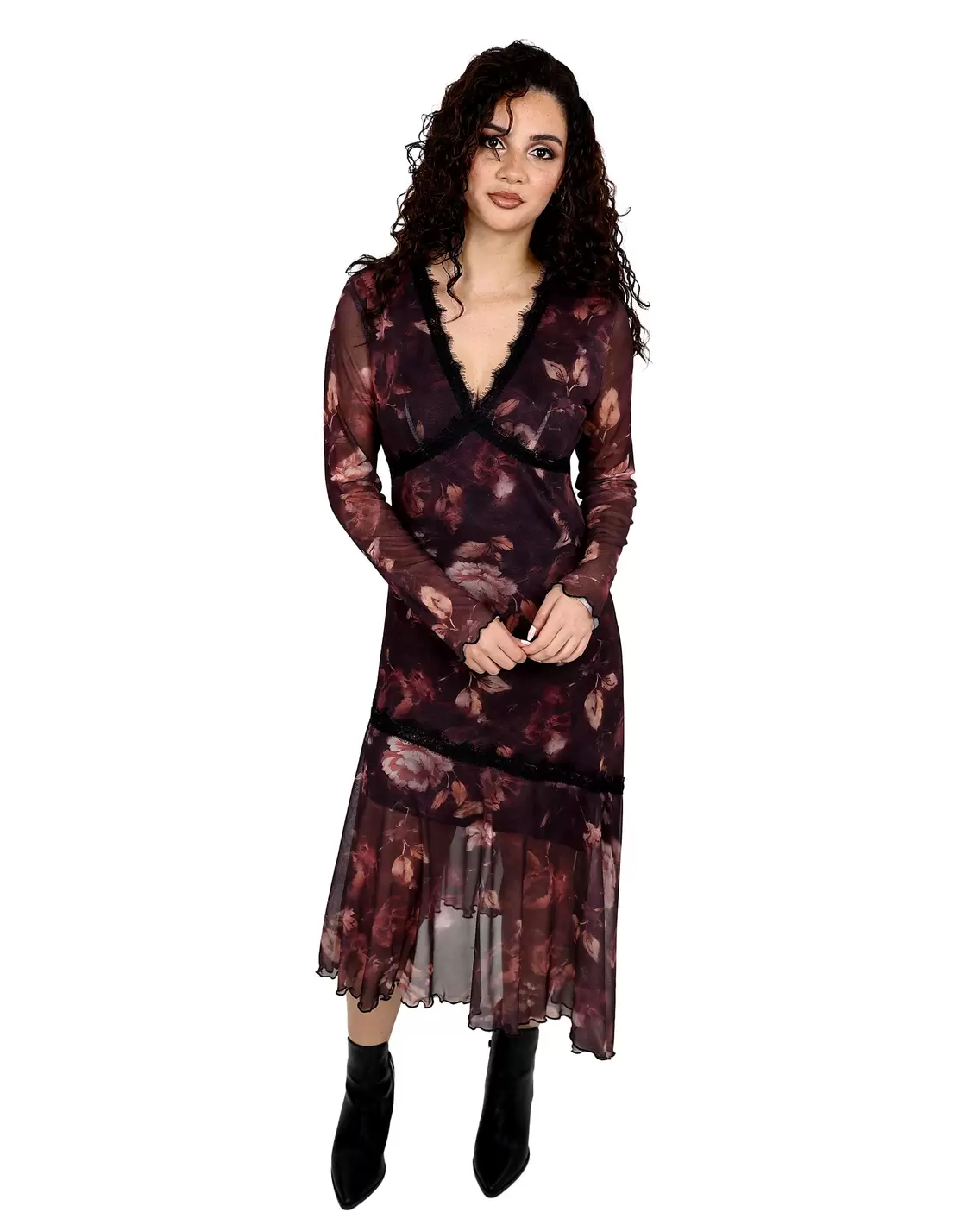 Moody Plum Floral Asymmetrical Midi Mesh Dress