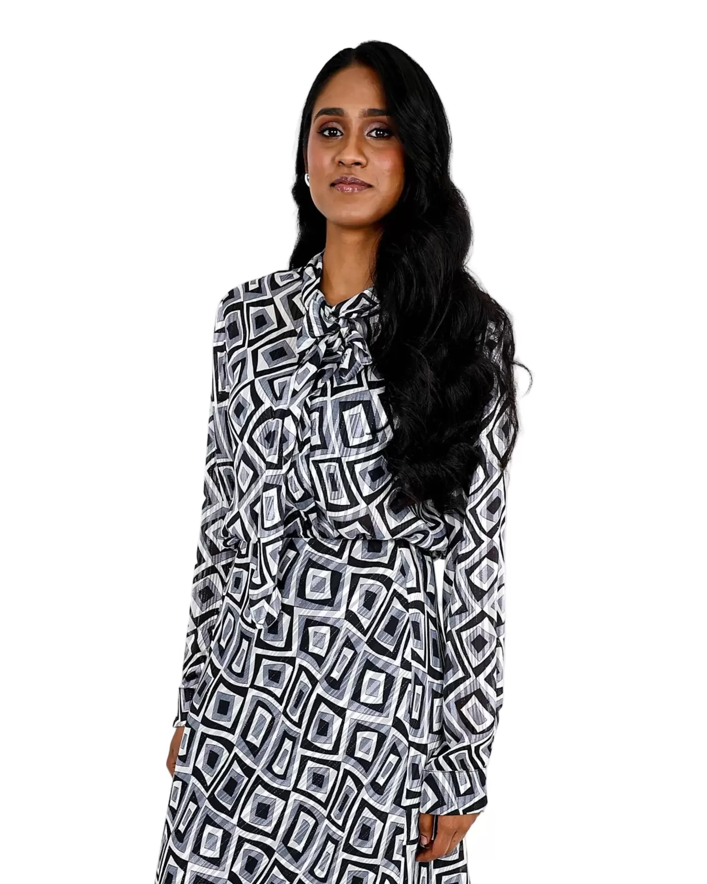 Long Sleeve Blue Geometric Lurex Kitty Bow Blouse
