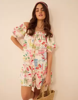 Postcard Print Puff Sleeve Mini Dress Multi