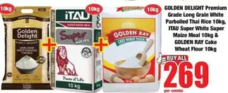 Golden Delight - Premium Grade Long Grain White Parboiled Thai Rice 10kg, Super White Super Maize Meal 10kg & Cake Wheat Flour 10kg