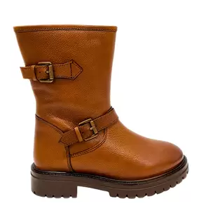 Gia Leather Double Buckle Mid Calf Boot - Cognac