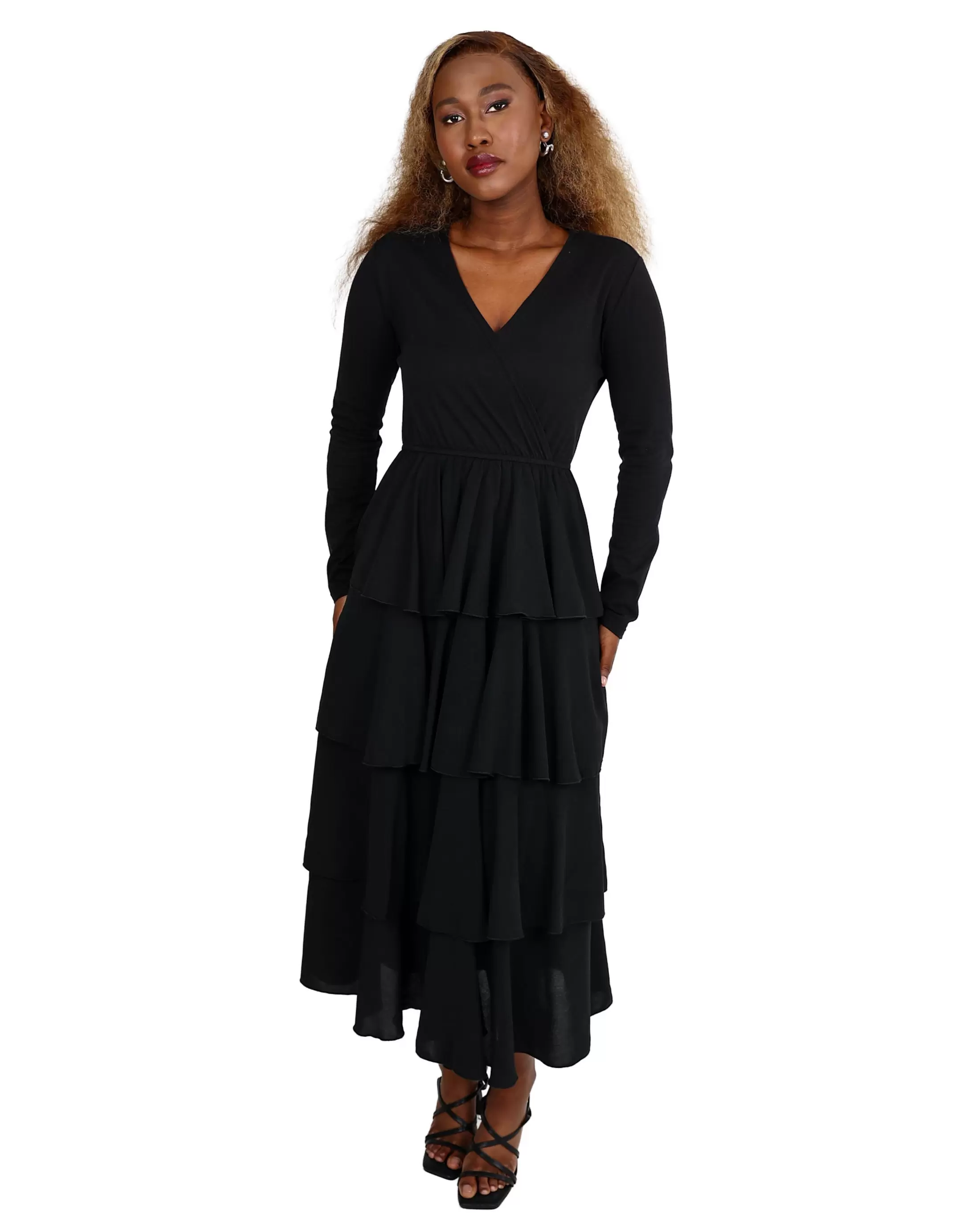 Long Sleeve Multi Ruffle Maxi Dress