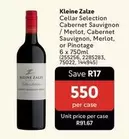 Kleine Zalze - Cellar Selection Cabernet Sauvignon / Merlot, Cabernet Sauvignon, Merlot, or Pinotage 6 x 750ml (255256, 2285283, 75022, 144945)