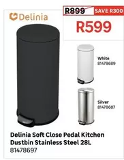 Delinia - Soft Close Pedal Kitchen Dustbin Stainless Steel 28L
