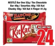 Kit Kat - Bar One 52g / Tex Chocolate Bar 40g / Smarties 40g / Chunky 40g / 4 Finger 41.5g