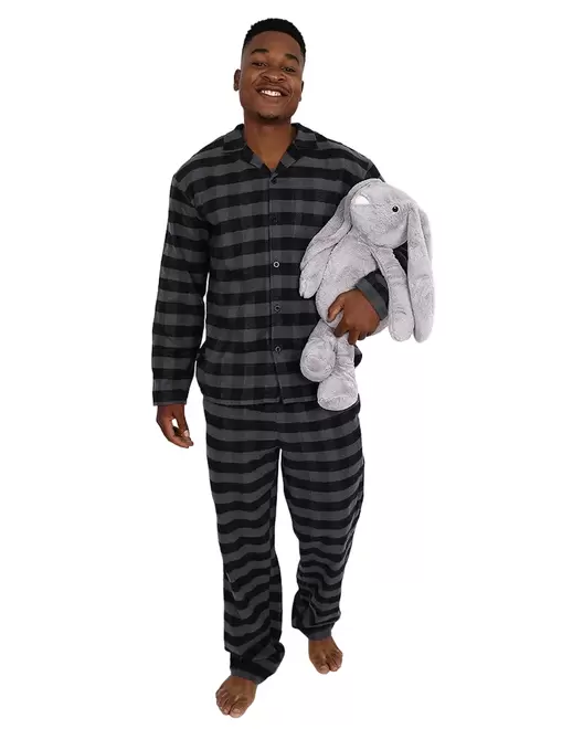 Long Sleeve Black & Grey Check Flannel Long Pyjama Set