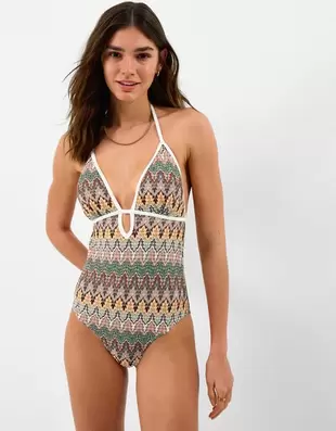 Crochet Plunge Swimsuit Natural