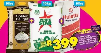 Huletts - Golden Delight Long Grain White Parboiled Rice 10kg & White Star Super Maize Meal 10kg & White Sugar 10kg