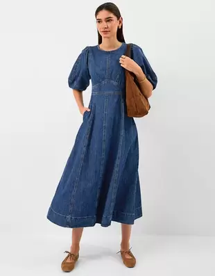 Puff Sleeve Denim Midi Dress Blue