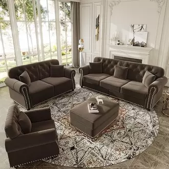 KEIKI 3-Piece Chesterfield Sofa Set with 1 Velvet 3-Seater Sofa & 1 Loveseat & 1 Single Sofa, 6-Seater Couch Set with Nailhead Trim & Rolled Arms & 1 Ottoman & 6 Pillow, for Living Room, Brown