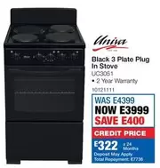 Univa - Black 3 Plate Plug In Stove UC3051