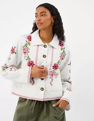 Floral Embroidered Quilted Jacket Ivory