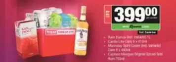 CASTLE - Rain Dance (incl. Variants) 1L, Castle Lite Cans 6 x 410ml, Mainstay Spirit Cooler (incl. Variants) Cans 6 x 440ml, Captain Morgan Original Spiced Gold Rum 750ml