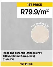 Floor Tile Ceramic Lethabo Grey 430x430mm (2.4m2/box) 