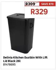 Delinia - Kitchen Dustbin With Lift Lid Black 26L