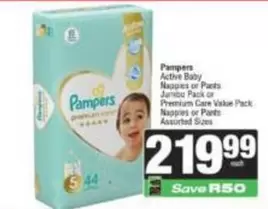 Pampers - Active Baby Nappies or Pants Jumbo Pack or Premium Care Value Pack