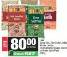 Lion - Soup Mix, Red Split Lentils, Whole Lentils, Red Speckled Sugar Beans or Green Split Peas