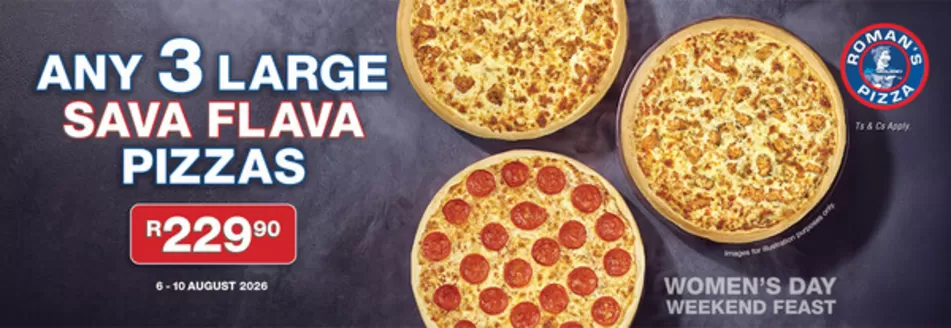 Roman's Pizza catalogue in Cape Town | Women's Day Weekend Feast | 2026-08-06T00:00:00.000Z - 2026-08-10T00:00:00.000Z