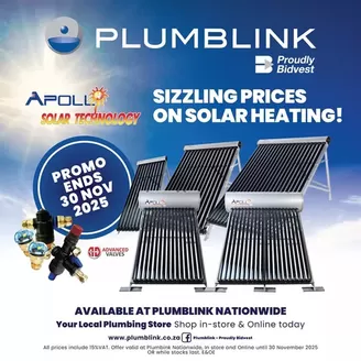Plumblink catalogue in Pretoria | Sizzling prices on solar heating! | 2025-10-14T00:00:00.000Z - 2025-11-30T00:00:00.000Z