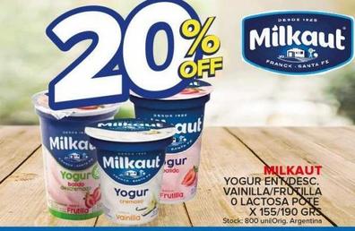 yogur Milkaut ent/desc vainilla/frutilla 0 lactosa pote x 155/190g