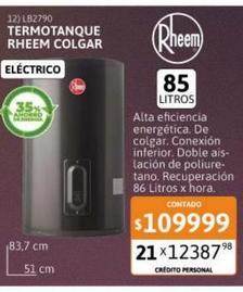 Termotanque Rheem Electrico para colgar 85 Litros Carga Inferior Gris