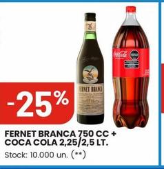 FERNET BRANCA 750 CC + COCA COLA 2,25/2,5 LT. -25%