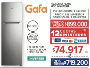 Gafa - HELADERA PLATA MOD HGNF251P