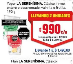 La Serenísima - Yogur, Clásico, firme, entero o descremado, vainilla o frutila