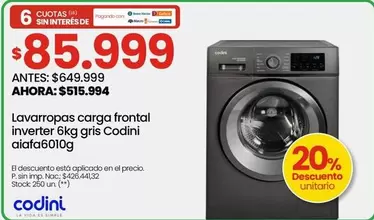 Codini - Lavarropas carga frontal inverter 6kg gris  aiafa6010g